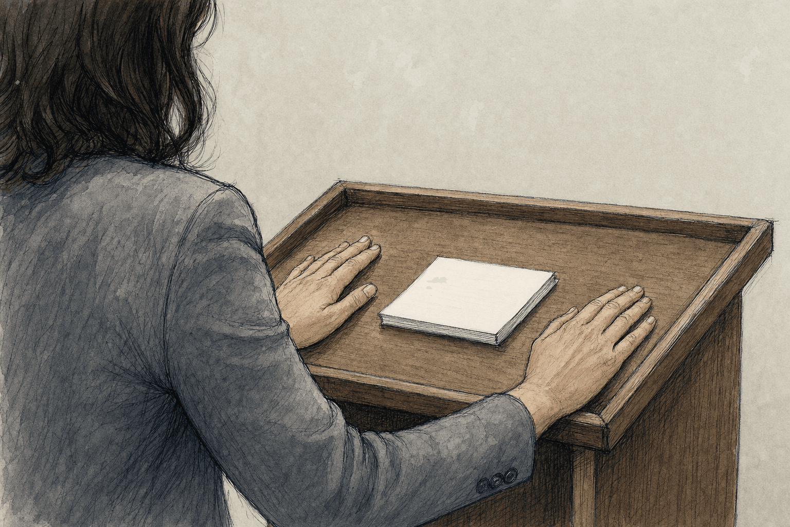A hand-drawn editorial sketch of a single anonymous woman's hands resting on the edge of a plain wooden lectern, fingers pressed flat beside a small…