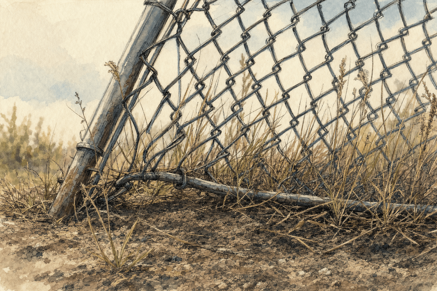 A hand-drawn editorial sketch of a single sagging chain-link fence panel leaning inward where its bottom edge has been pushed loose from the dirt,…