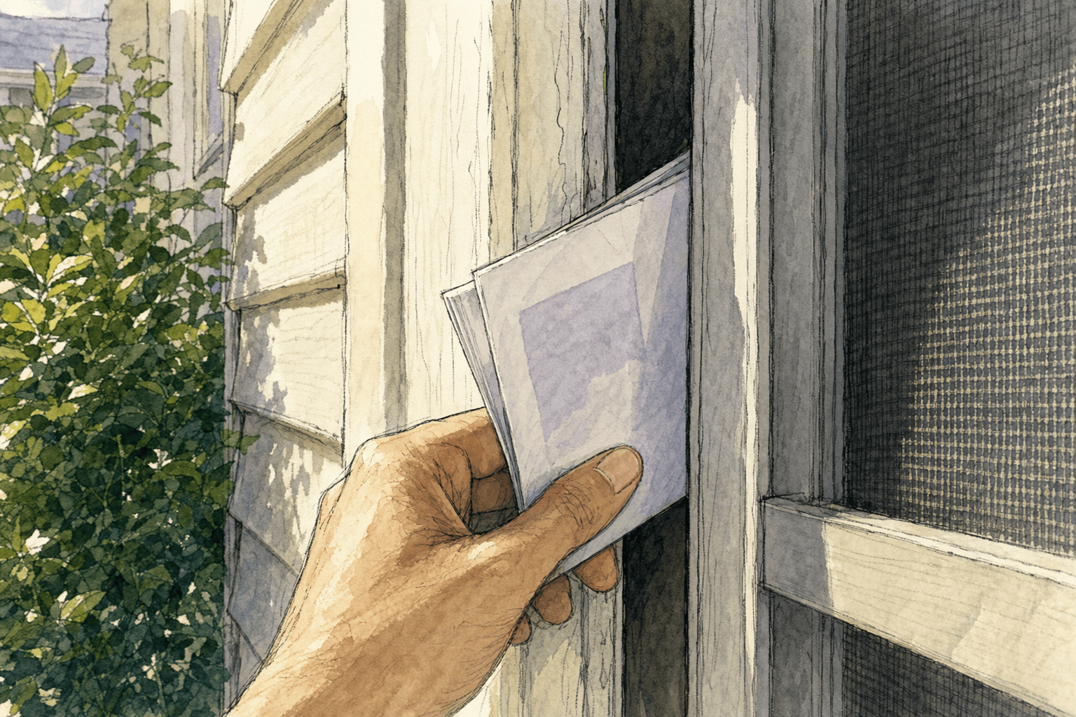 A hand-drawn editorial sketch of a single anonymous hand pressing a folded paper flyer into the narrow gap of a residential screen door, seen close…