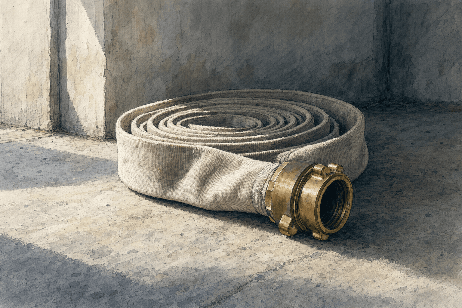 A hand-drawn editorial sketch of a single coiled fire hose and brass coupling resting on a bare concrete floor inside an unlit garage bay, seen…
