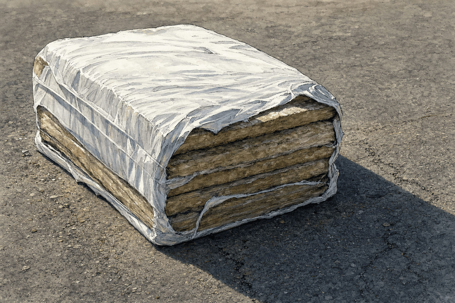 A hand-drawn editorial sketch of a single stacked bale of roofing insulation sitting on bare asphalt, its wrapping creased and taut, seen close up…
