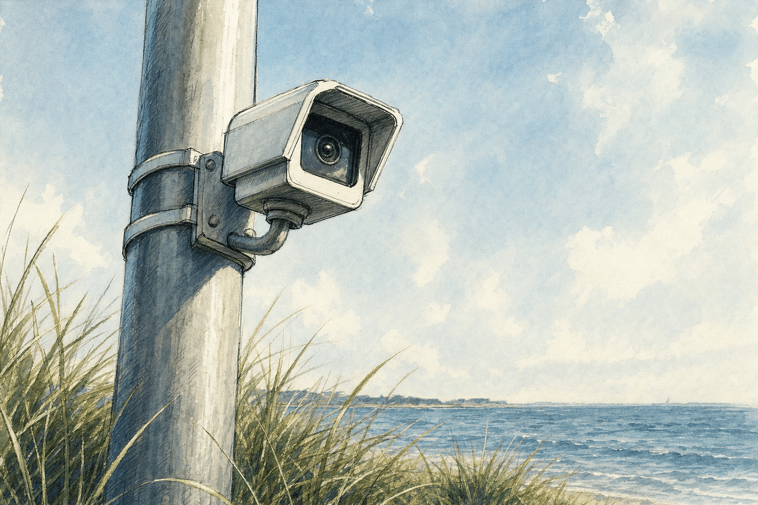 A hand-drawn editorial sketch of a single small weatherproof camera housing clamped to a plain metal pole, its lens aimed out toward open water,…