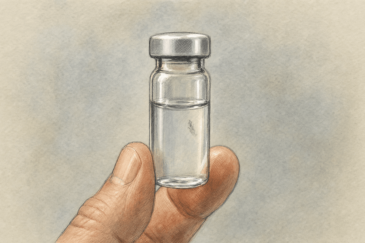 A hand-drawn editorial sketch of a single small glass water-sample vial held upright between two anonymous fingers, filled with clear liquid, seen…