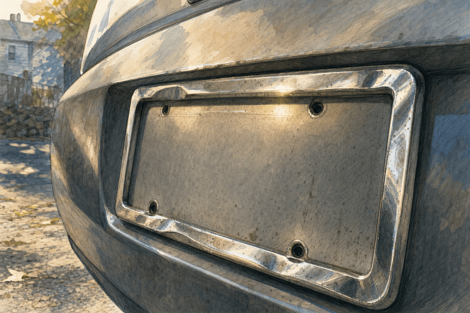 A hand-drawn editorial sketch of a single automobile license plate bracket on the back of an anonymous parked car, empty of any lettering, seen…