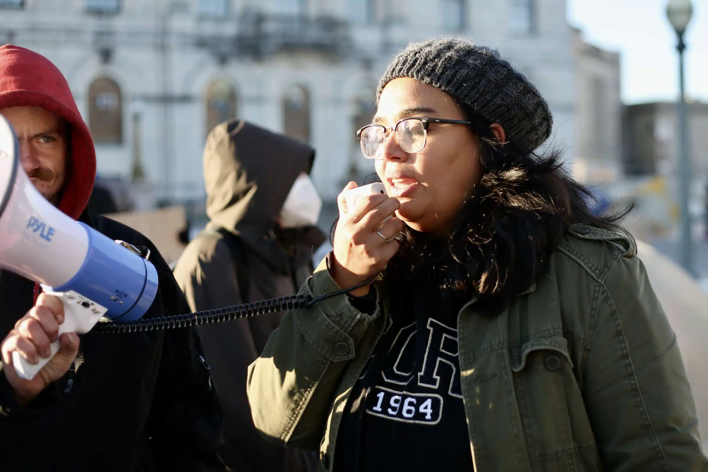 Rhode Island State Senator Cynthia Mendes at a rally against Rhode Island Governor Daniel McKee, opposing his plan to evict a homeless encampment
