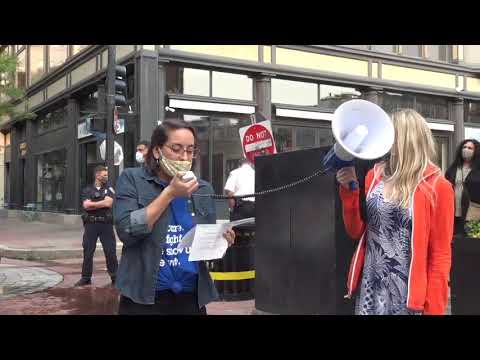 Linday Paiva from the PVD Teachers Union outside the RI Dept of Education