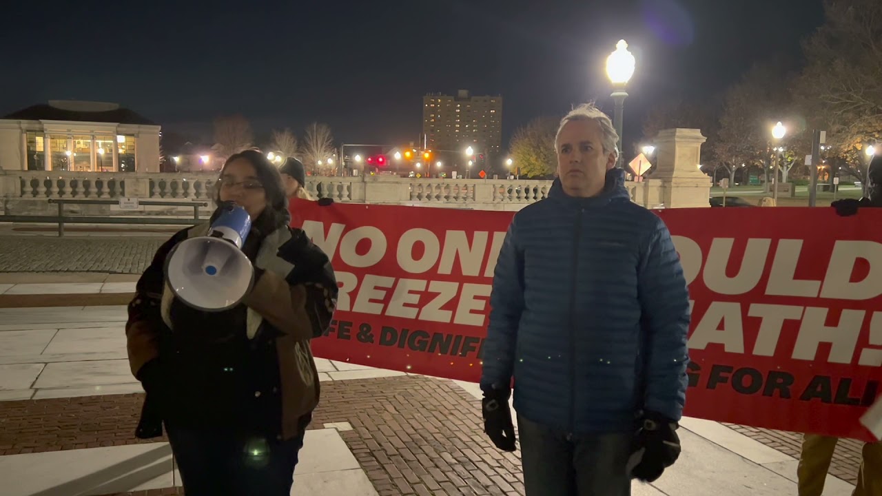 Senator Cynthia Mendes rallies outside RI State House: No One Should Freeze to Death