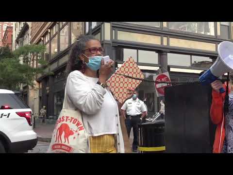Michelle Manning from the PVD Teachers Union outside the RI Dept of Education
