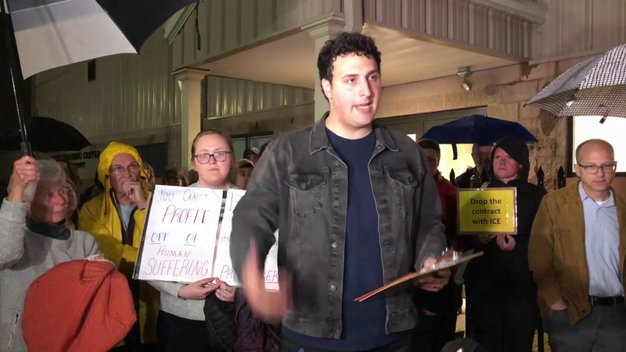 Former State Representative Aaron Regunberg Speaks Outside of the Wyatt Board Meeting