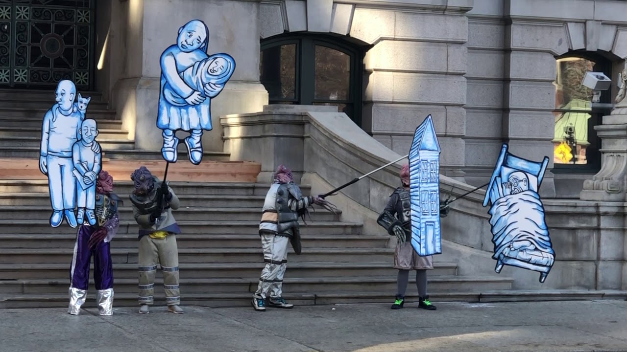 Big Nazo Creatures Dance at Providence City Hall to Raise Awareness About the Eviction Crisis