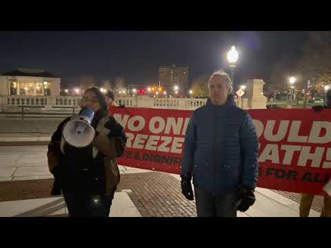 Senator Cynthia Mendes rallies outside RI State House: No One Should Freeze to Death