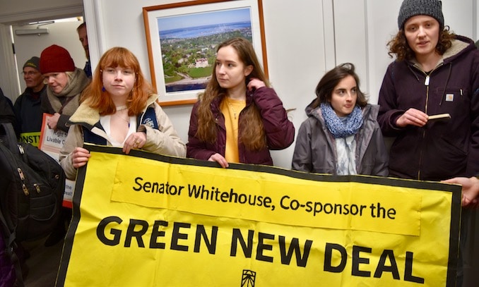 Sunrise RI confronts Senator Whitehouse over his excuses for not supporting the Green New Deal