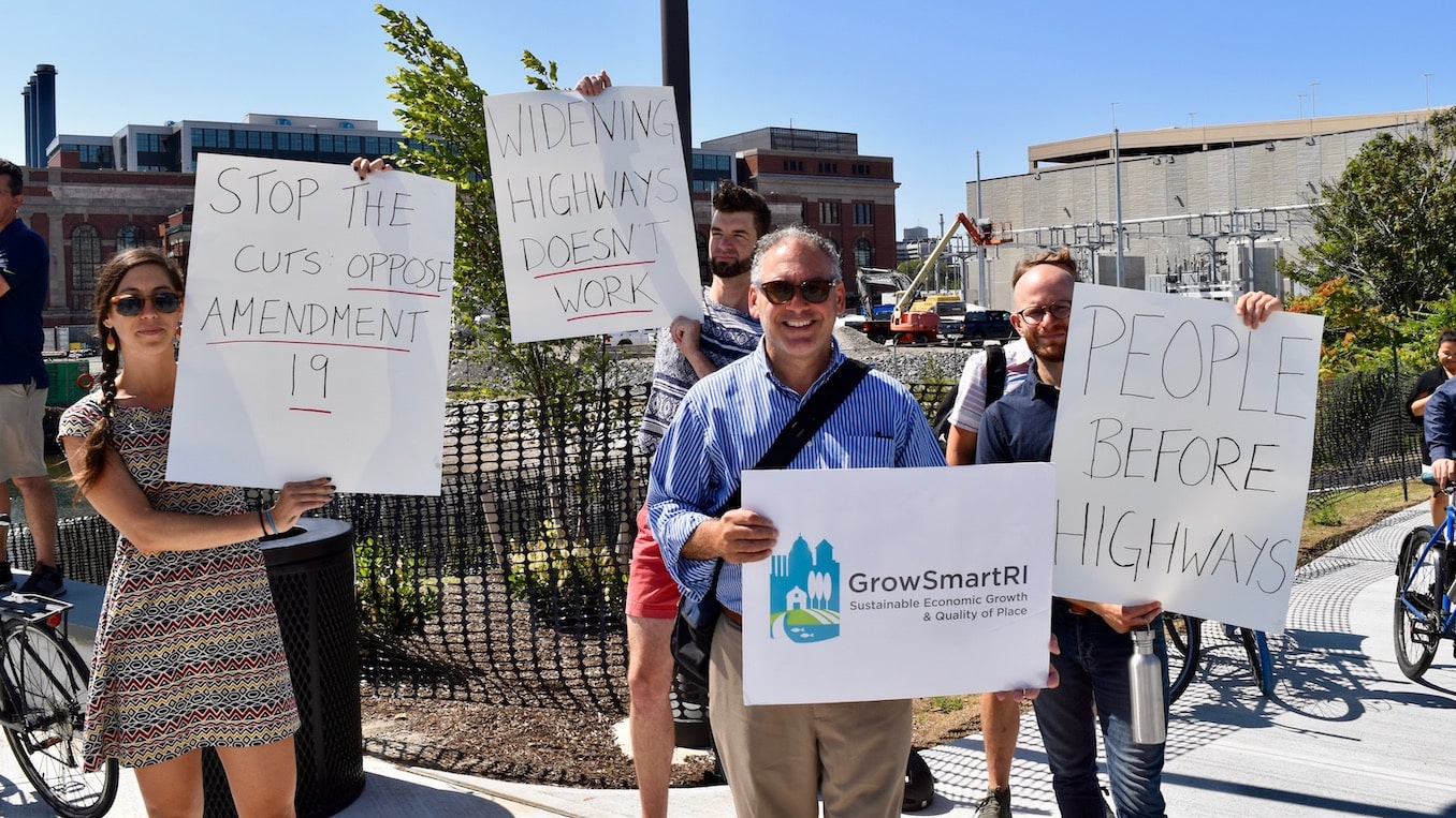 At Providence River Pedestrian Bridge opening, the Rhode Island Bicycle Coalition demands funding restored to bicycle and pedestrian infrastructure projects