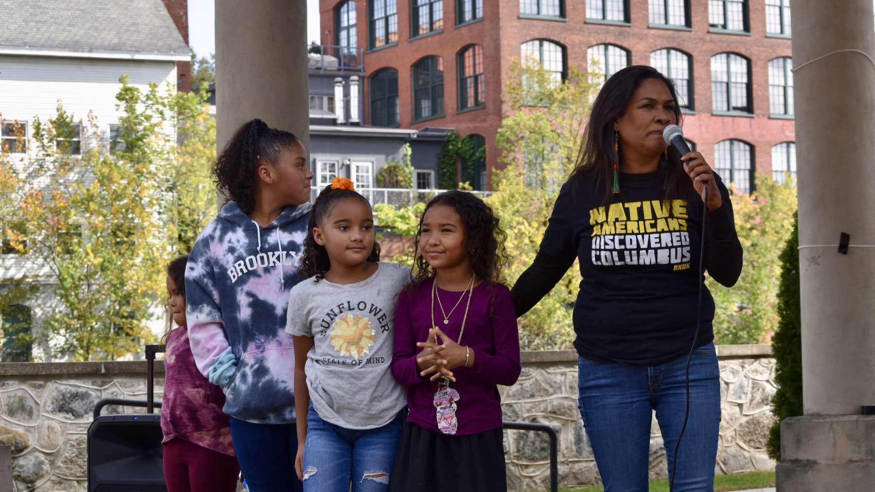 Indigenous people and allies protest new Blackstone statue and Columbus Day in Pawtucket